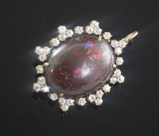 A Victorian style gold, black opal and diamond set pendant brooch, 1.5in.